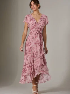 Jolie Moi Pink Printed Wrap Ruffle Maxi Dress