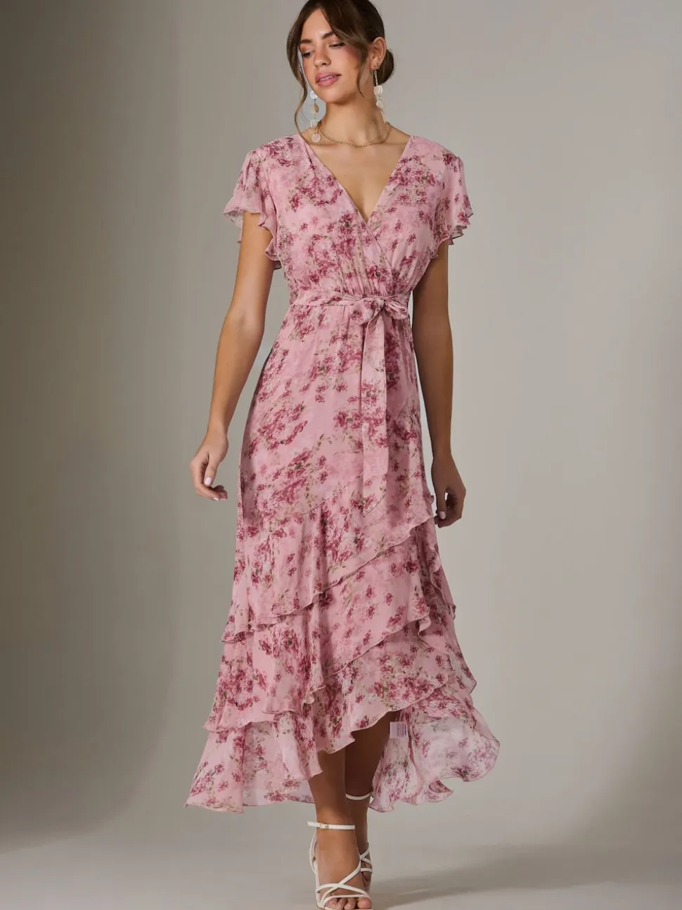 Jolie Moi Pink Printed Wrap Ruffle Maxi Dress