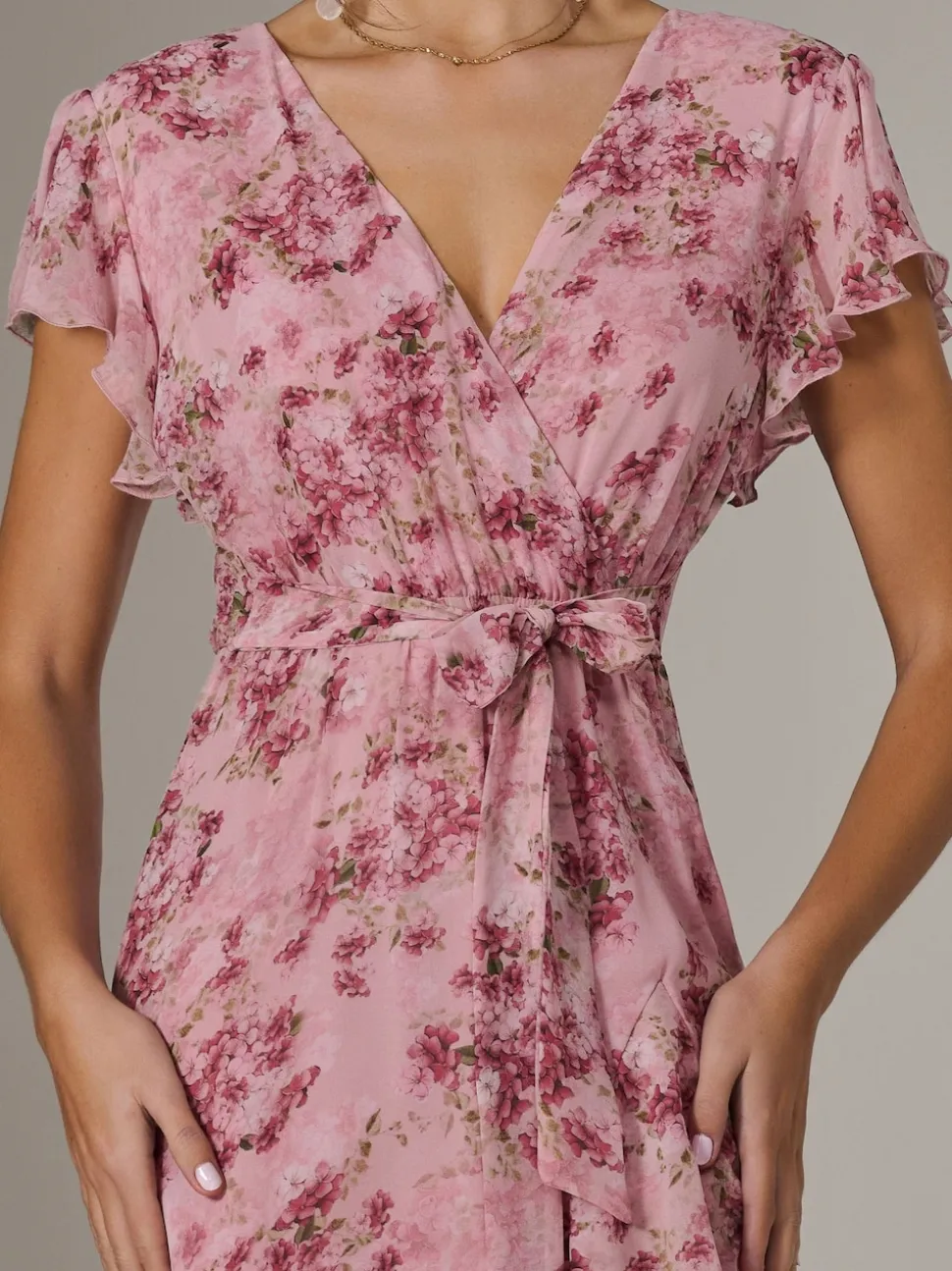 Jolie Moi Pink Printed Wrap Ruffle Maxi Dress