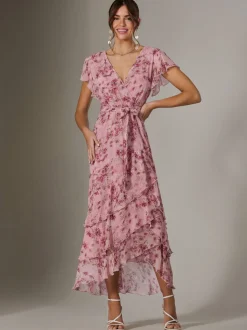 Jolie Moi Pink Printed Wrap Ruffle Maxi Dress