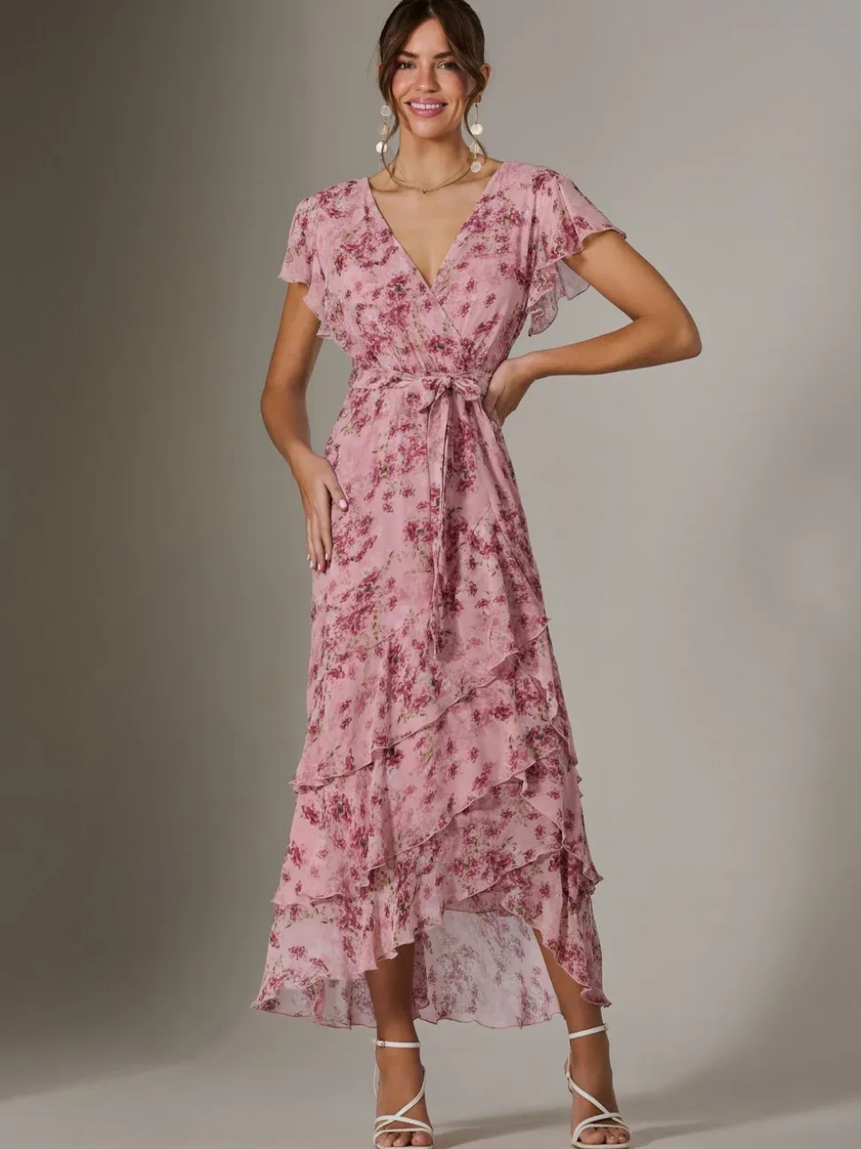 Jolie Moi Pink Printed Wrap Ruffle Maxi Dress