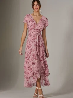Jolie Moi Pink Printed Wrap Ruffle Maxi Dress