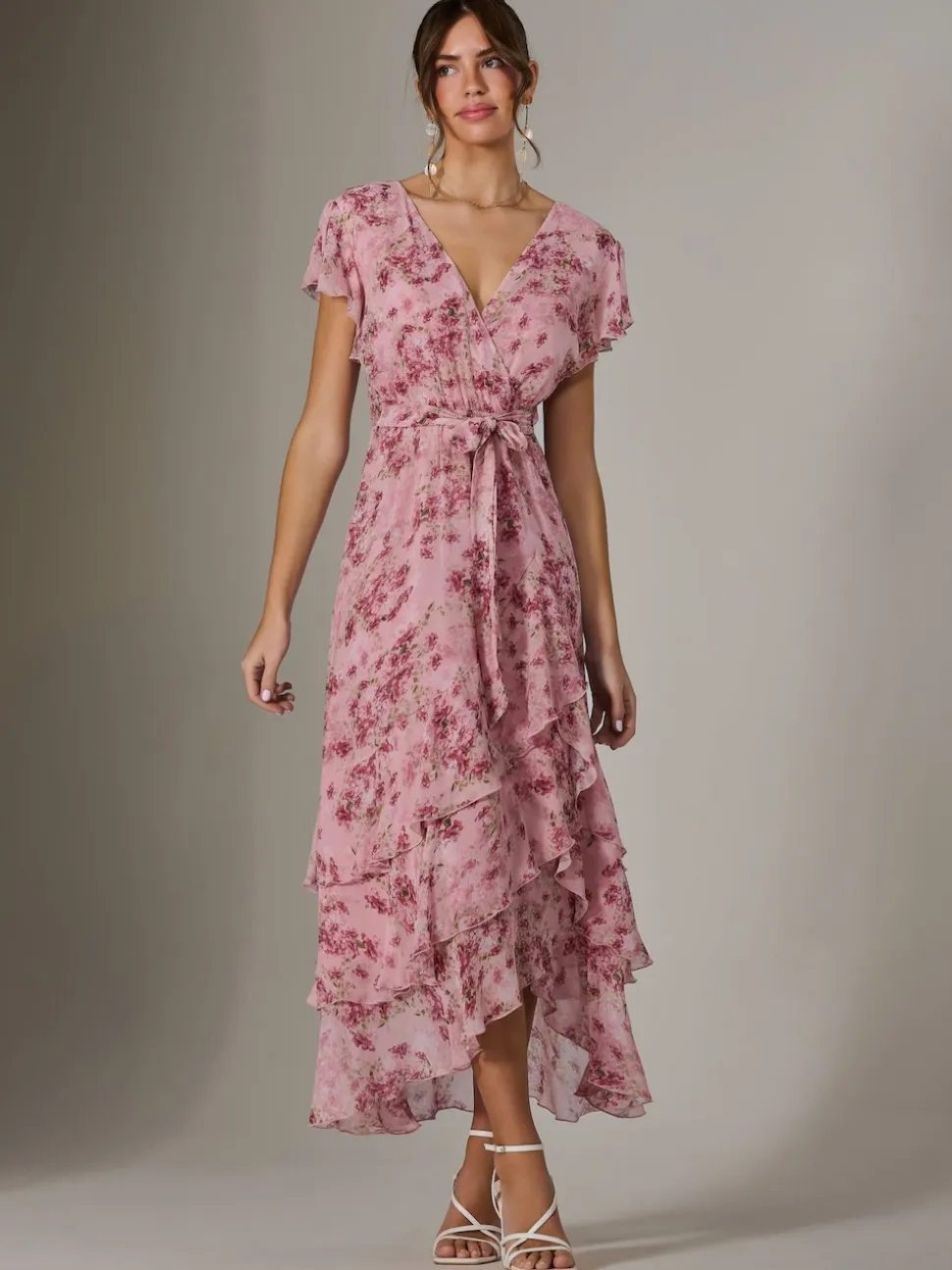 Jolie Moi Pink Printed Wrap Ruffle Maxi Dress