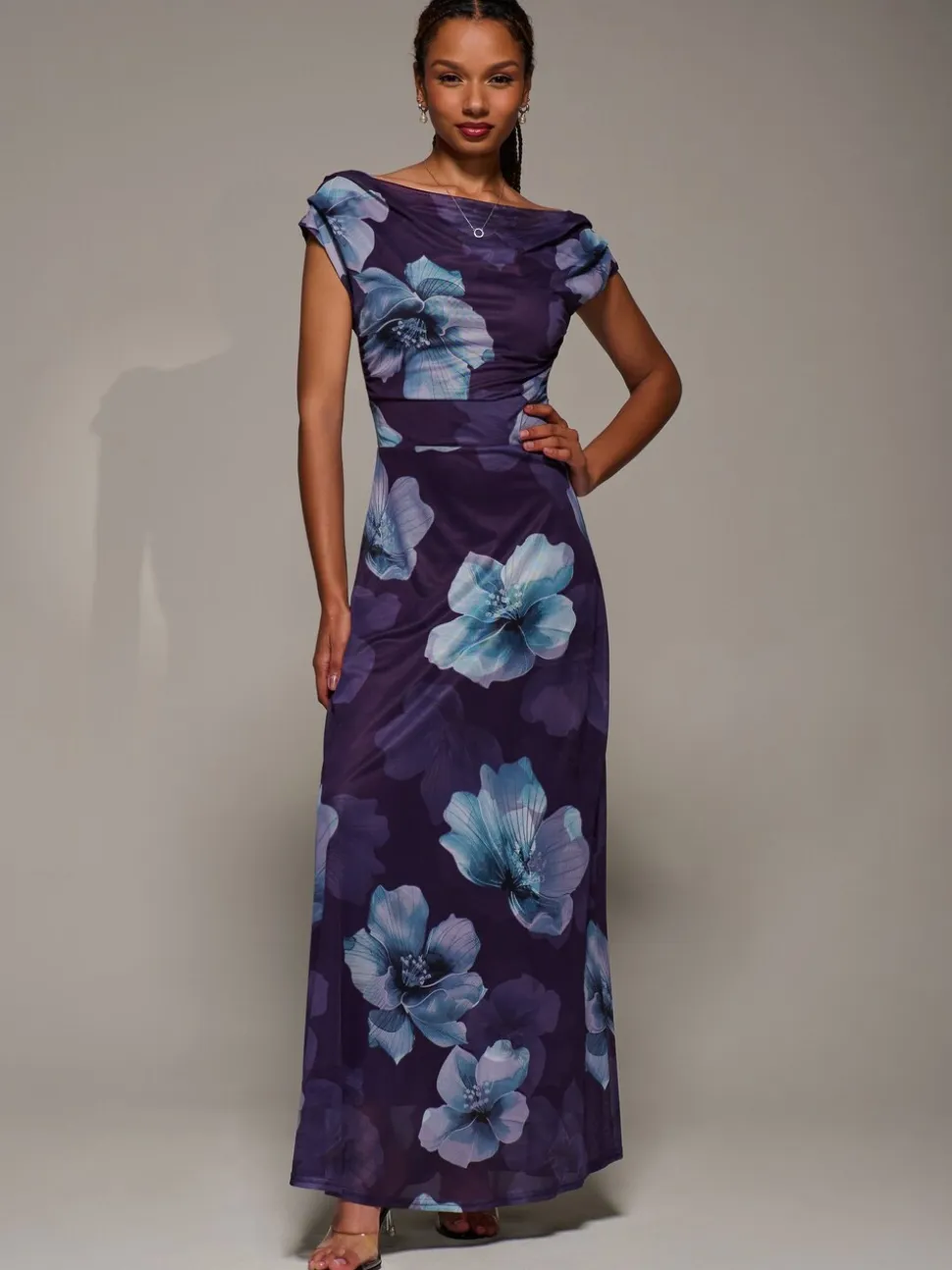 Jolie Moi Purple Asymmetric Neck Mesh Maxi Dress