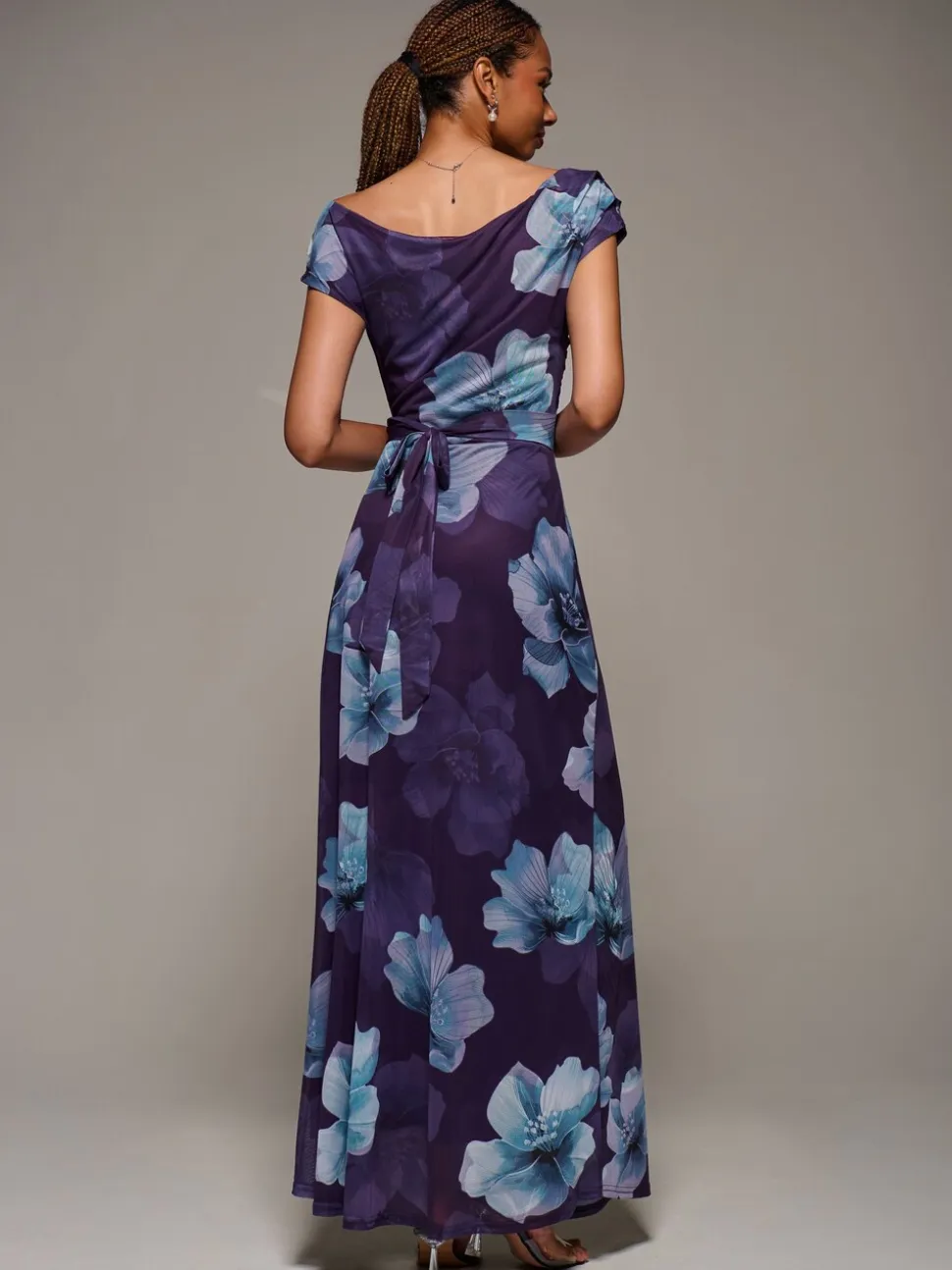 Jolie Moi Purple Asymmetric Neck Mesh Maxi Dress