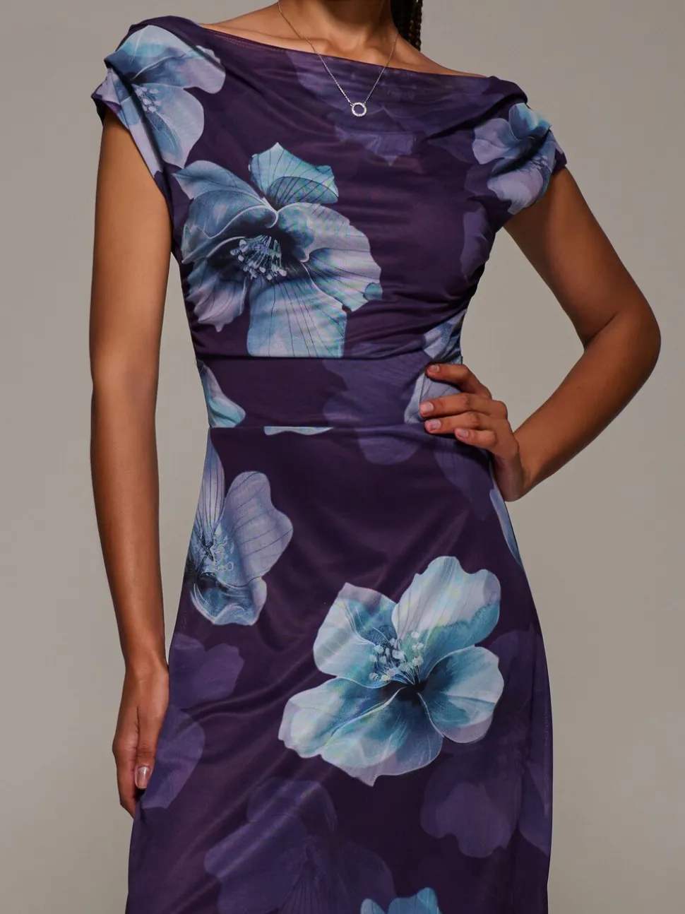 Jolie Moi Purple Asymmetric Neck Mesh Maxi Dress
