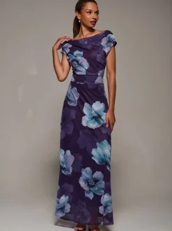 Jolie Moi Purple Asymmetric Neck Mesh Maxi Dress