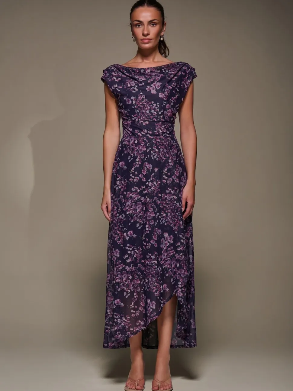 Jolie Moi Purple Asymmetric Draped Mesh Maxi Dress
