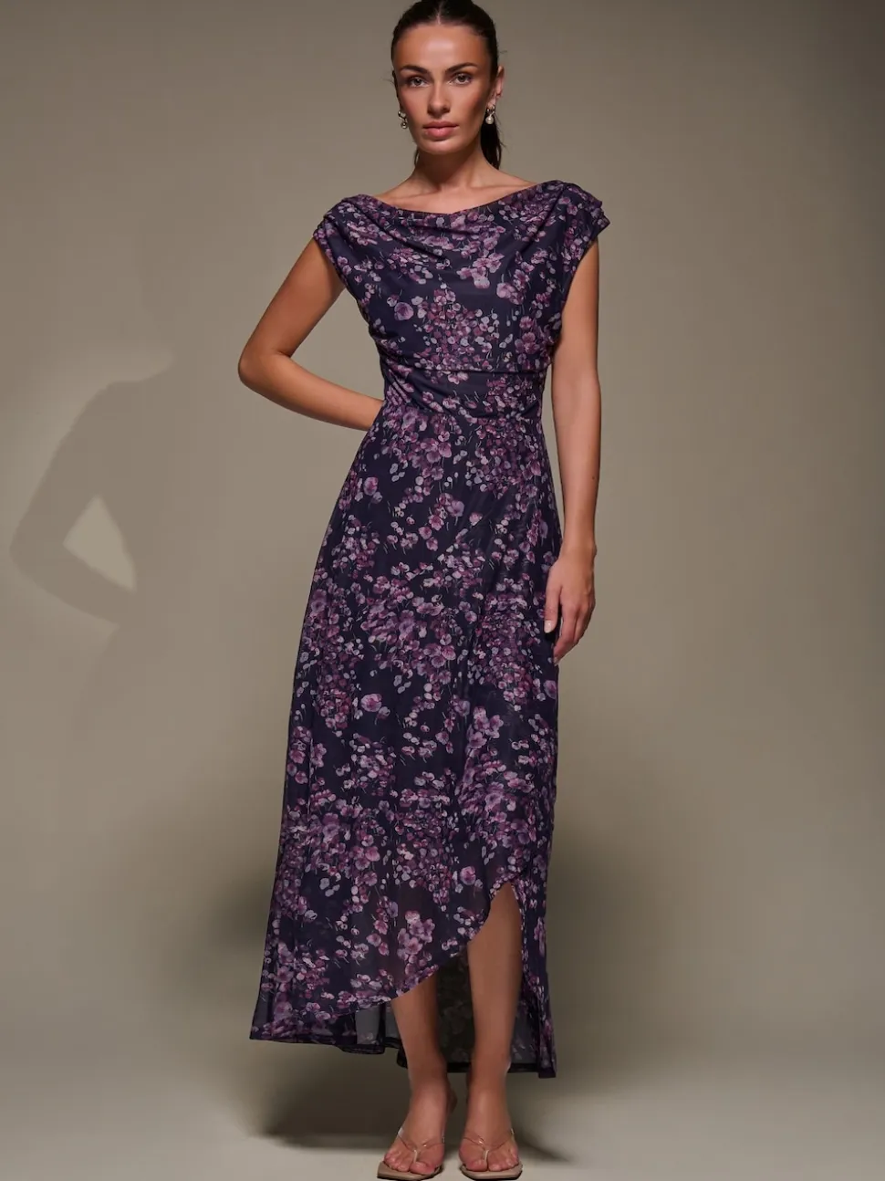 Jolie Moi Purple Asymmetric Draped Mesh Maxi Dress