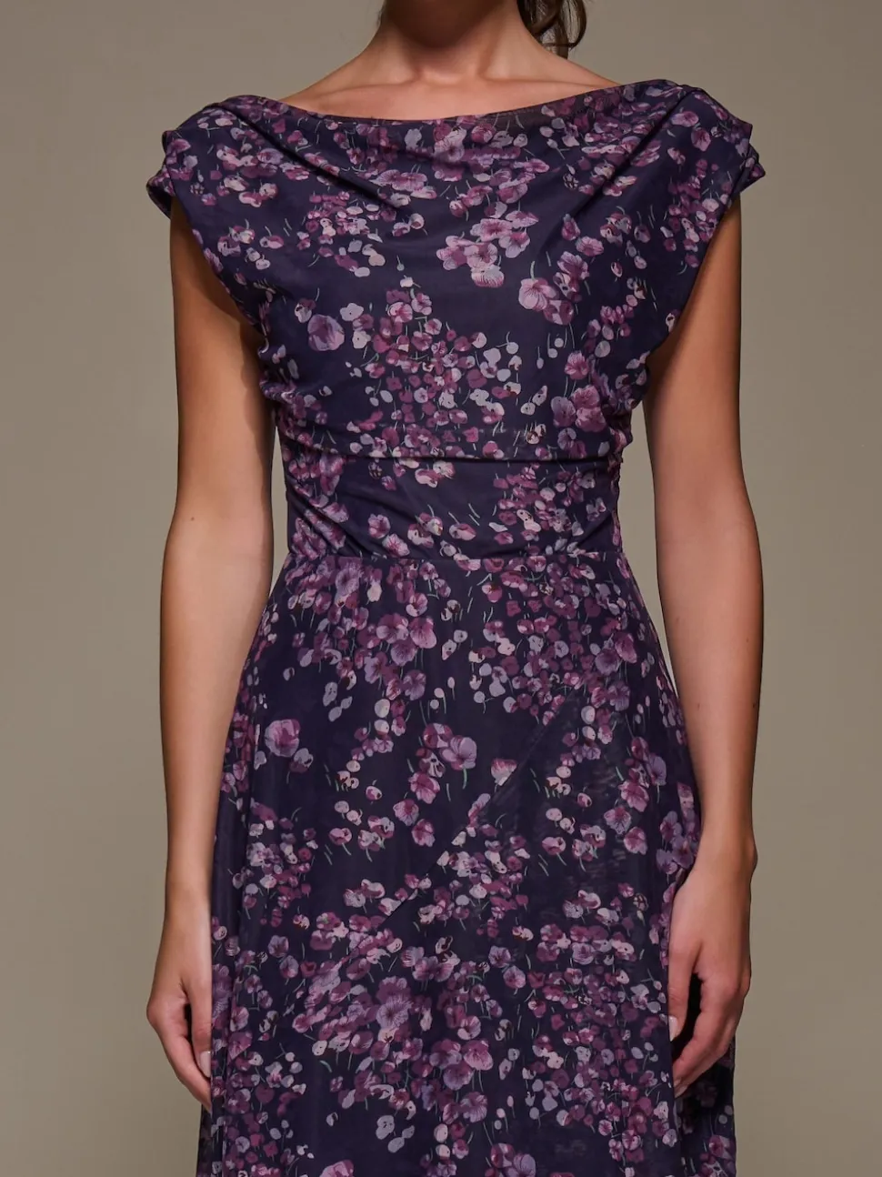 Jolie Moi Purple Asymmetric Draped Mesh Maxi Dress