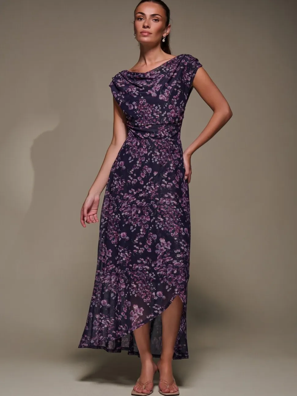 Jolie Moi Purple Asymmetric Draped Mesh Maxi Dress