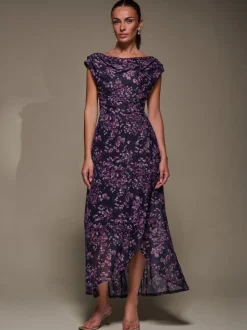 Jolie Moi Purple Asymmetric Draped Mesh Maxi Dress