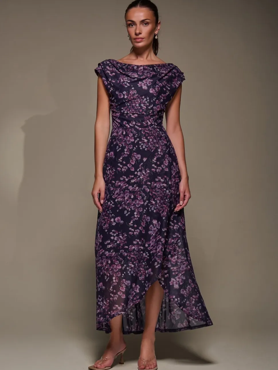 Jolie Moi Purple Asymmetric Draped Mesh Maxi Dress