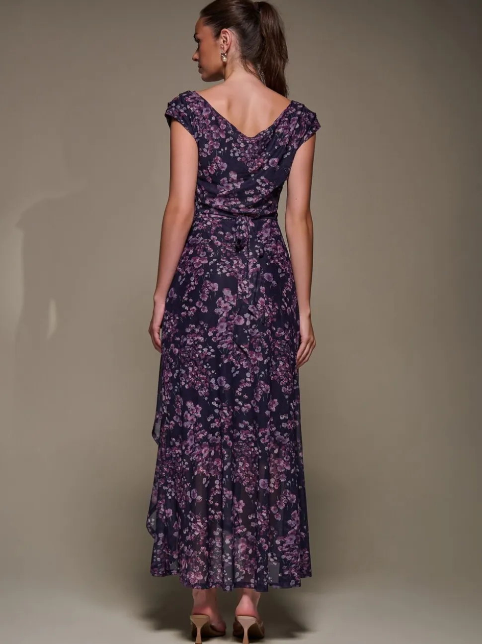 Jolie Moi Purple Asymmetric Draped Mesh Maxi Dress