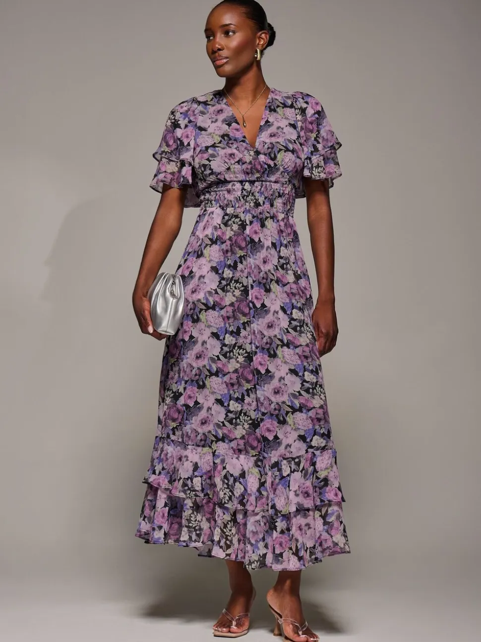 Jolie Moi Purple Chiffon Layered Sleeve Ruffle Dress