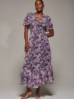 Jolie Moi Purple Chiffon Layered Sleeve Ruffle Dress