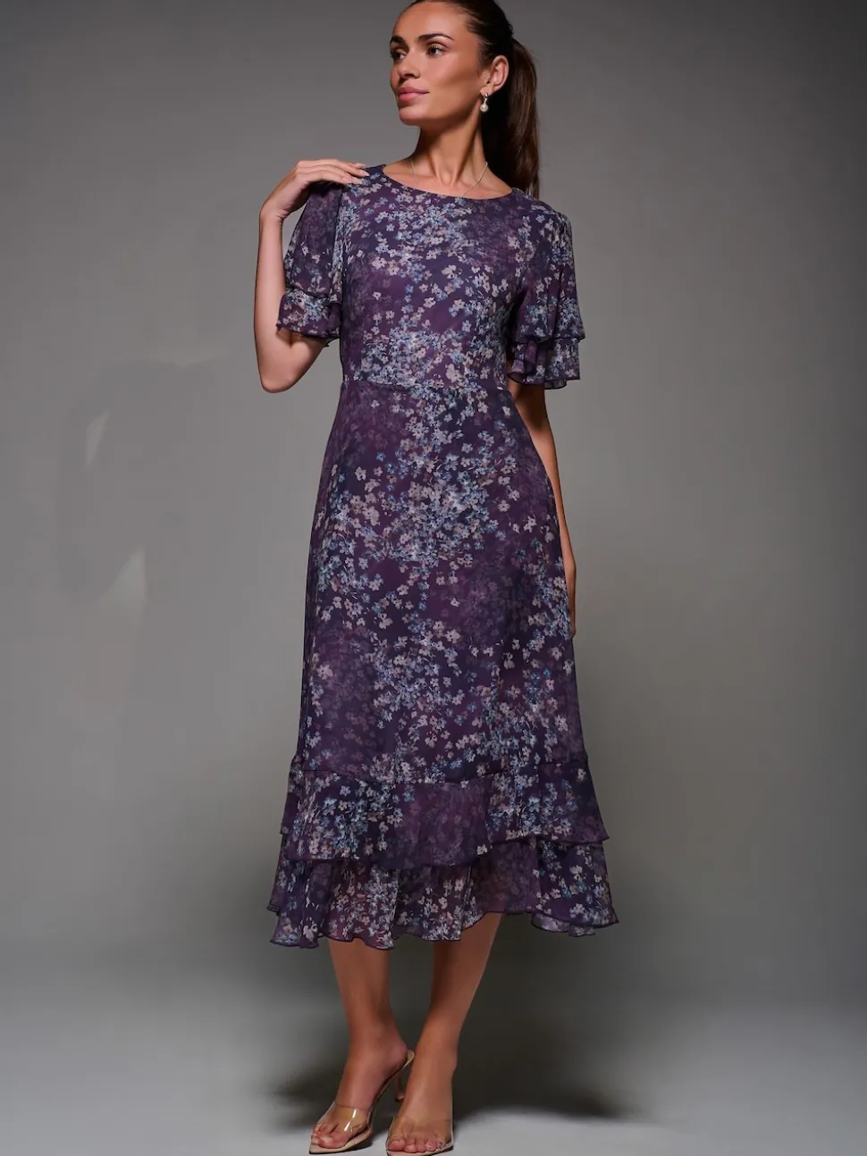 Jolie Moi Purple Frill Detail Chiffon Midaxi Dress