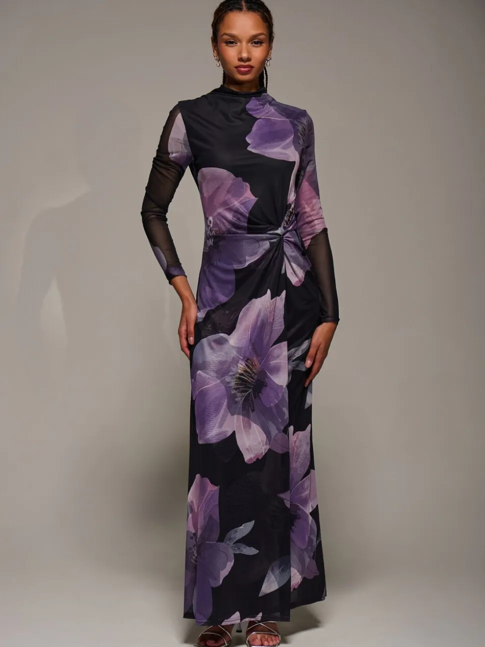 Jolie Moi Purple High Neck Long Sleeve Mesh Maxi Dress