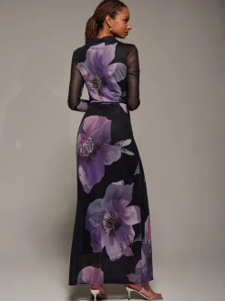 Jolie Moi Purple High Neck Long Sleeve Mesh Maxi Dress