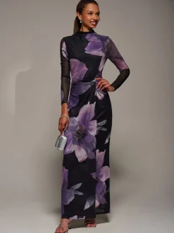 Jolie Moi Purple High Neck Long Sleeve Mesh Maxi Dress