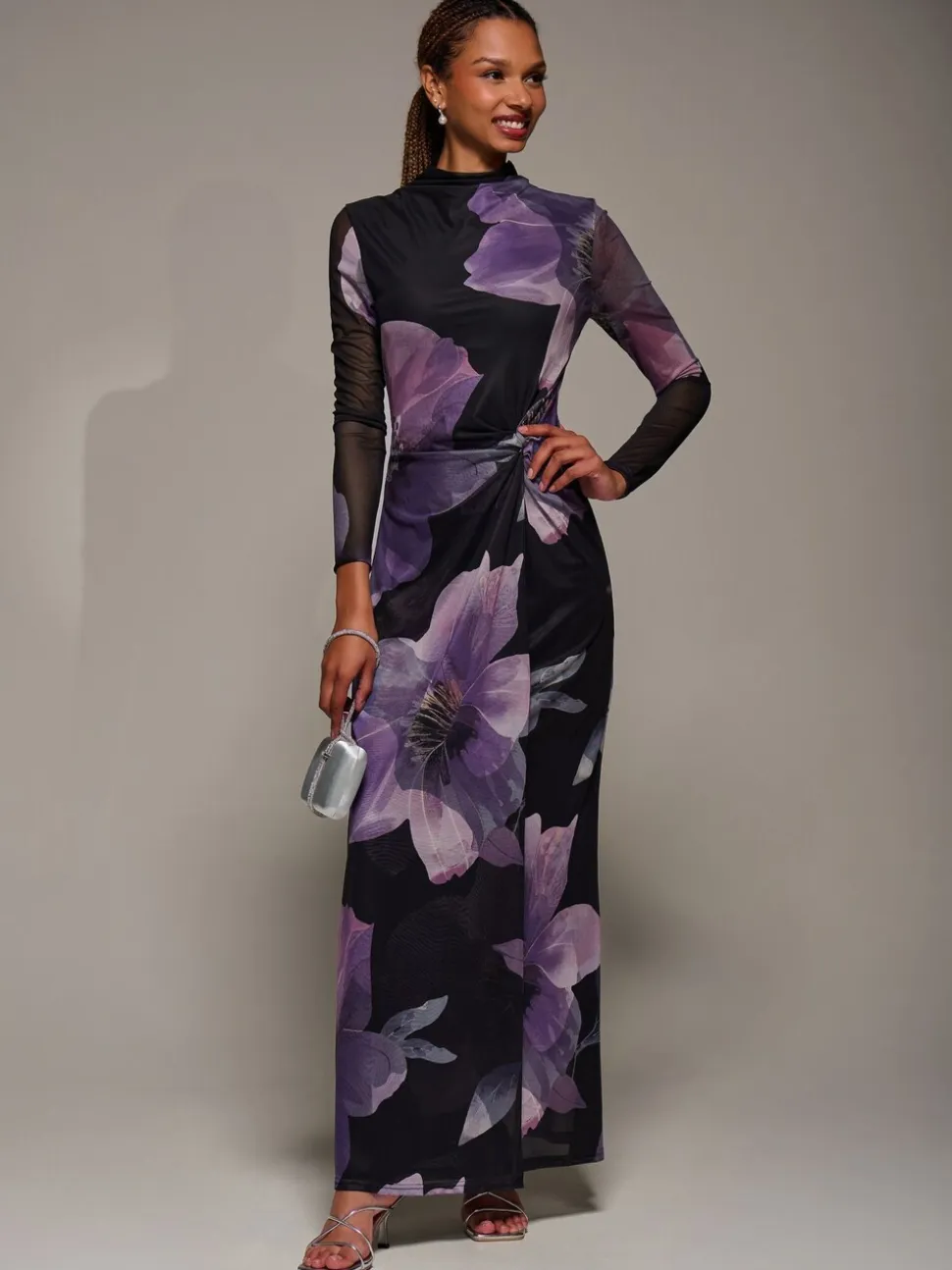 Jolie Moi Purple High Neck Long Sleeve Mesh Maxi Dress