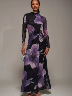 Jolie Moi Purple High Neck Long Sleeve Mesh Maxi Dress