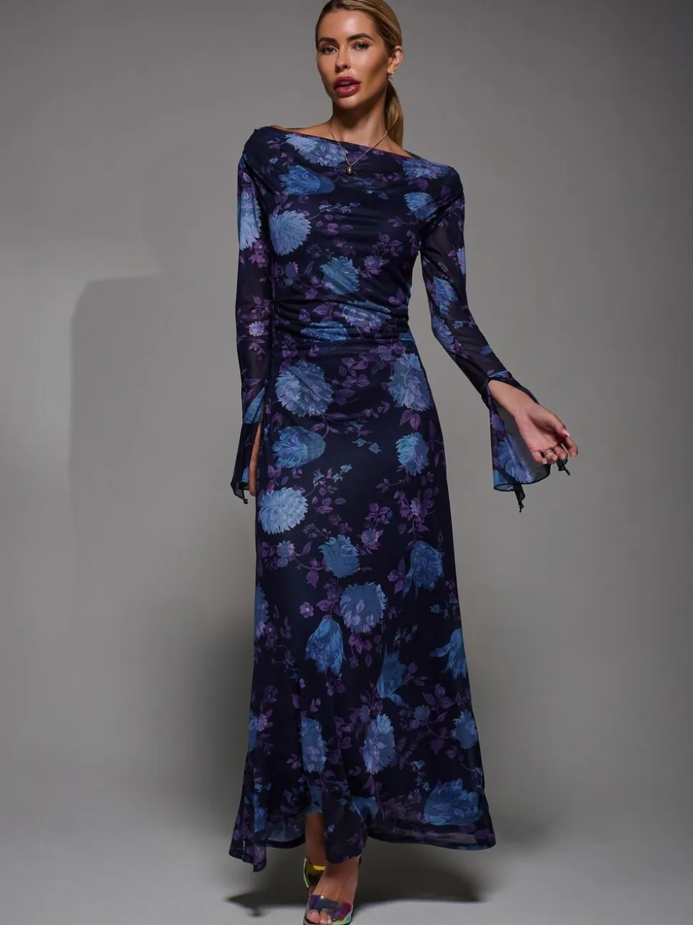 Jolie Moi Purple Long Sleeve Slash Neck Maxi Dress