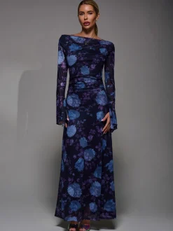 Jolie Moi Purple Long Sleeve Slash Neck Maxi Dress