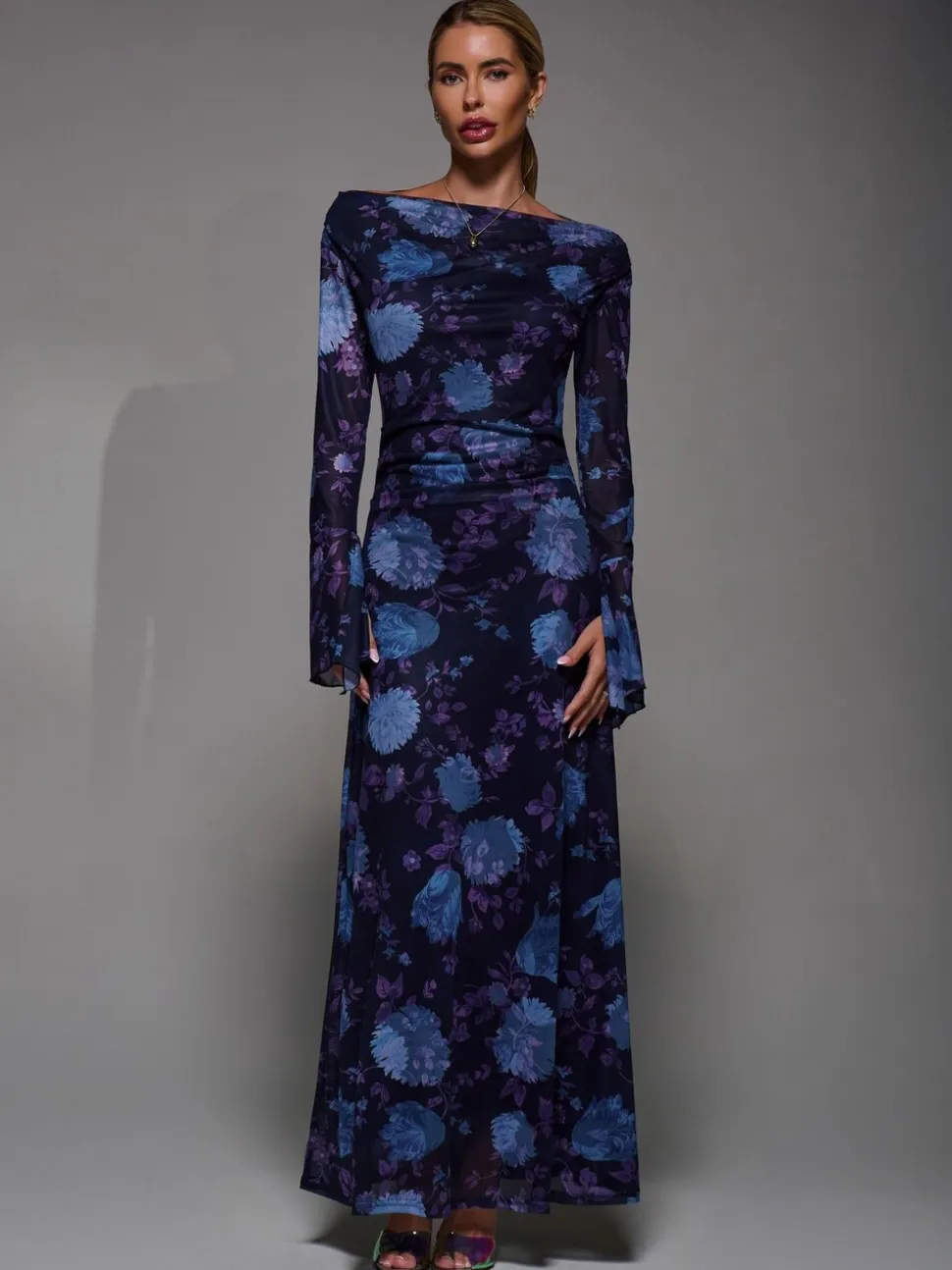 Jolie Moi Purple Long Sleeve Slash Neck Maxi Dress