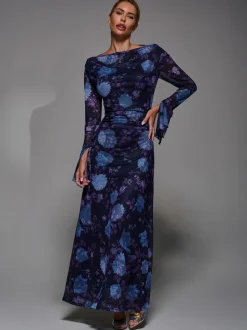 Jolie Moi Purple Long Sleeve Slash Neck Maxi Dress