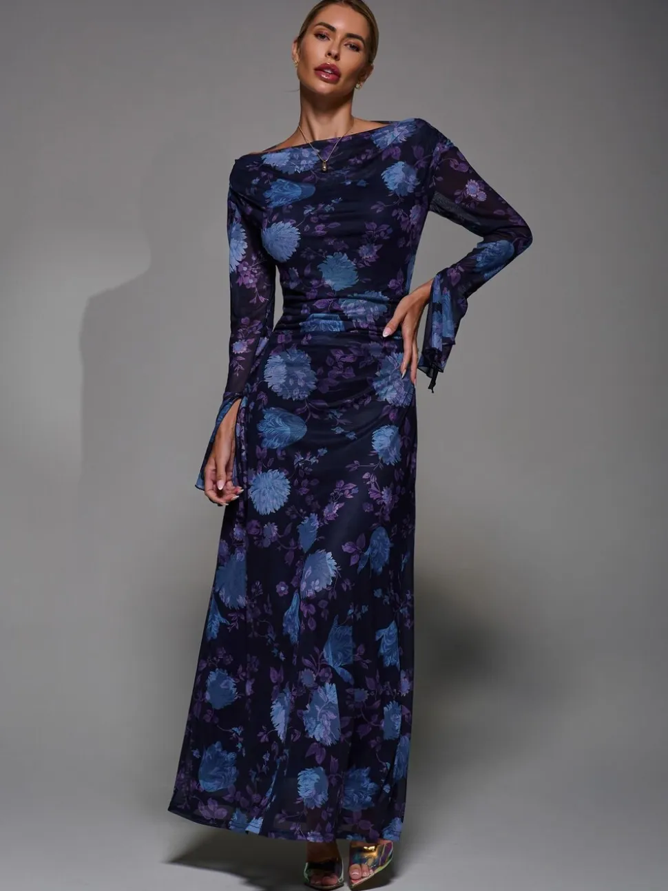 Jolie Moi Purple Long Sleeve Slash Neck Maxi Dress