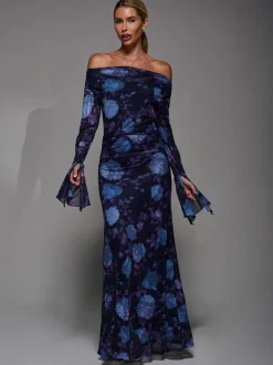 Jolie Moi Purple Long Sleeve Slash Neck Maxi Dress