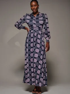 Jolie Moi Purple Long Sleeve Pleated Jersey Maxi Dress