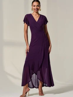 Jolie Moi Purple Plain Wrap Mesh Maxi Dress