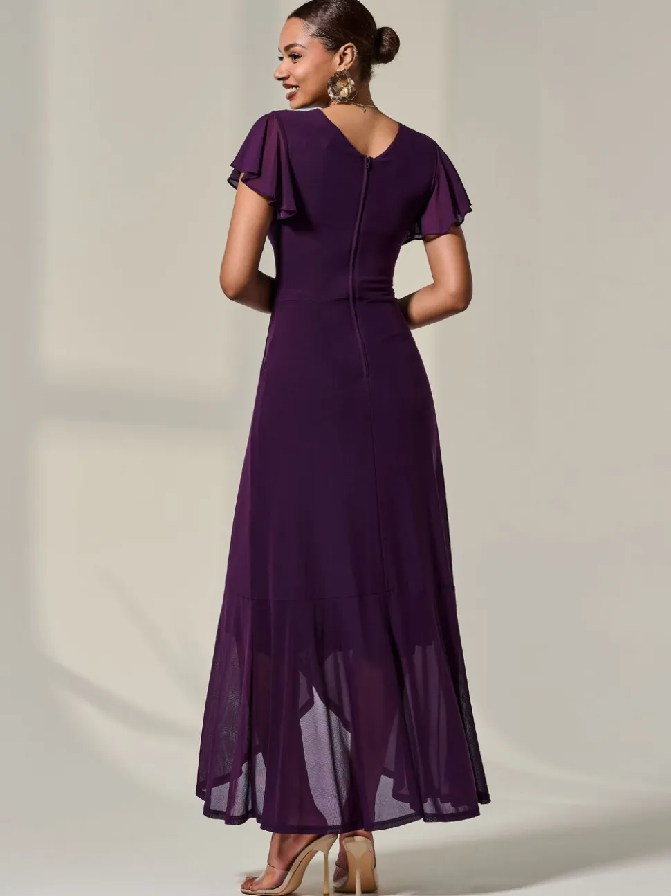 Jolie Moi Purple Plain Wrap Mesh Maxi Dress