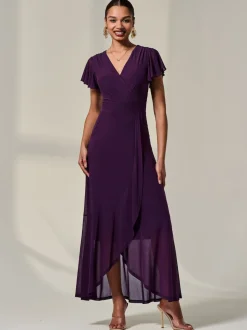 Jolie Moi Purple Plain Wrap Mesh Maxi Dress