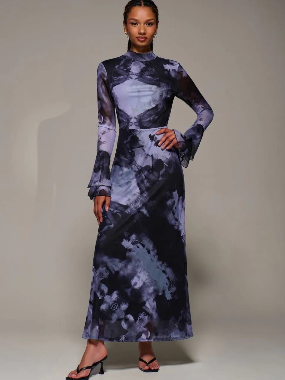 Jolie Moi Purple Ruffle Long Sleeve Mesh Maxi Dress