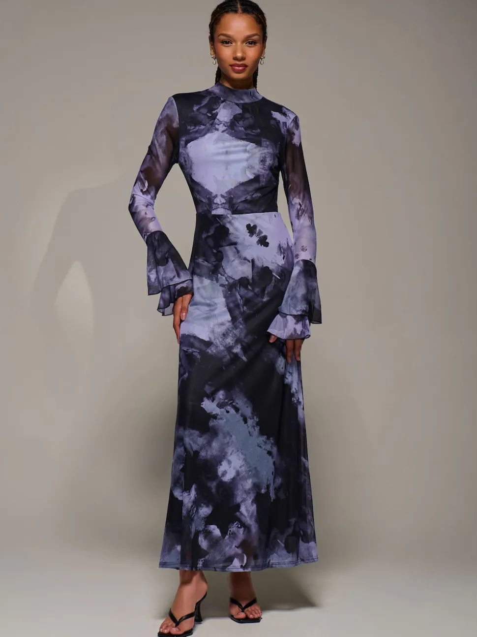 Jolie Moi Purple Ruffle Long Sleeve Mesh Maxi Dress