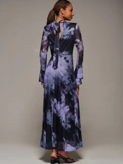 Jolie Moi Purple Ruffle Long Sleeve Mesh Maxi Dress
