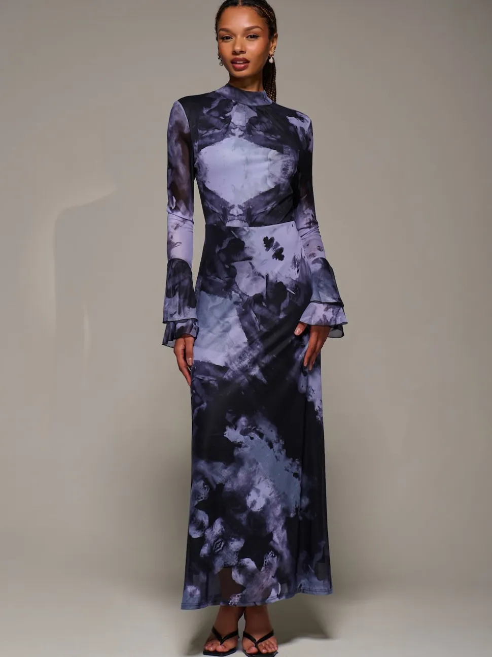Jolie Moi Purple Ruffle Long Sleeve Mesh Maxi Dress