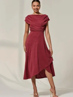 Jolie Moi Red Asymmmetric Draped Midi Dress