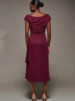 Jolie Moi Red Draped Jersey Cowl Neck Midi Dress
