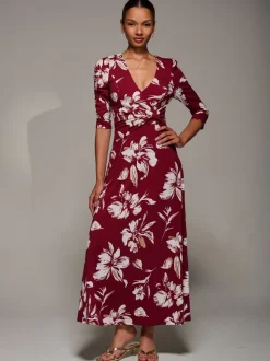 Jolie Moi Red Jersey Ruched Waist Fit & Flare Maxi Dress