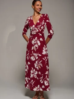 Jolie Moi Red Jersey Ruched Waist Fit & Flare Maxi Dress