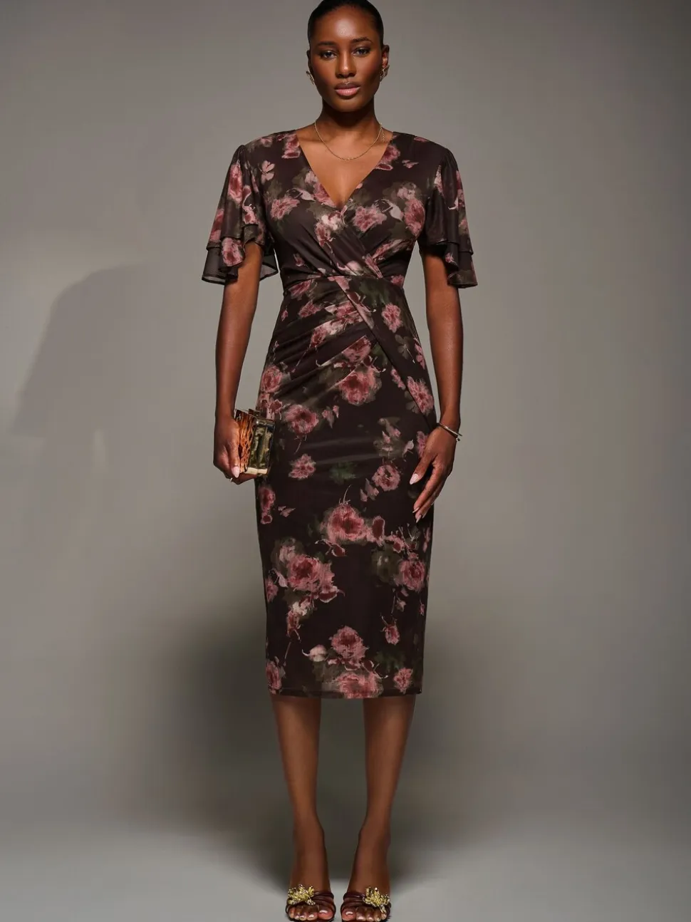Jolie Moi Red Print Mesh Angel Sleeve Bodycon Midi Dress