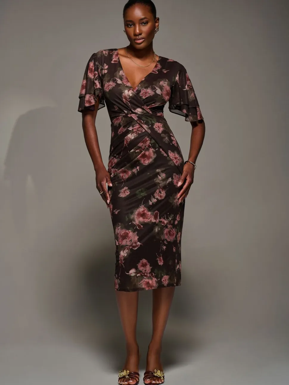 Jolie Moi Red Print Mesh Angel Sleeve Bodycon Midi Dress