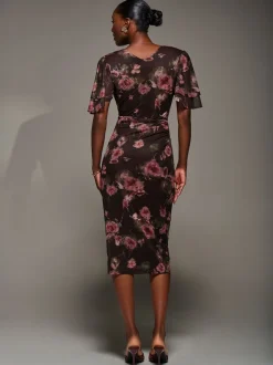 Jolie Moi Red Print Mesh Angel Sleeve Bodycon Midi Dress