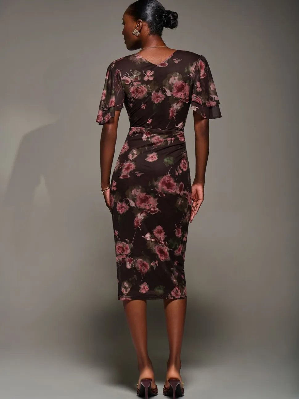 Jolie Moi Red Print Mesh Angel Sleeve Bodycon Midi Dress