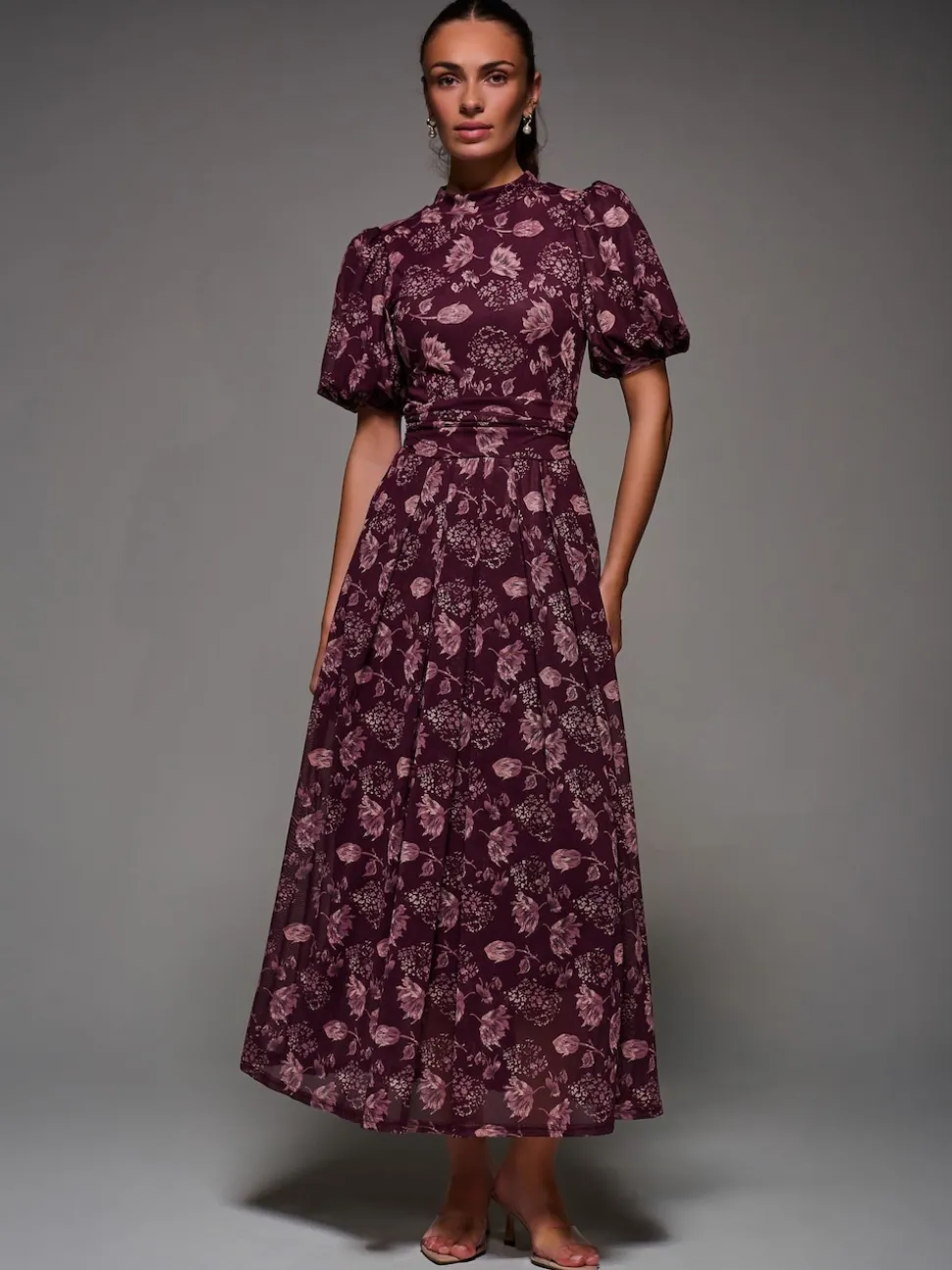 Jolie Moi Red Puffy Sleeve Printed Mesh Maxi Dress