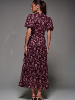 Jolie Moi Red Puffy Sleeve Printed Mesh Maxi Dress